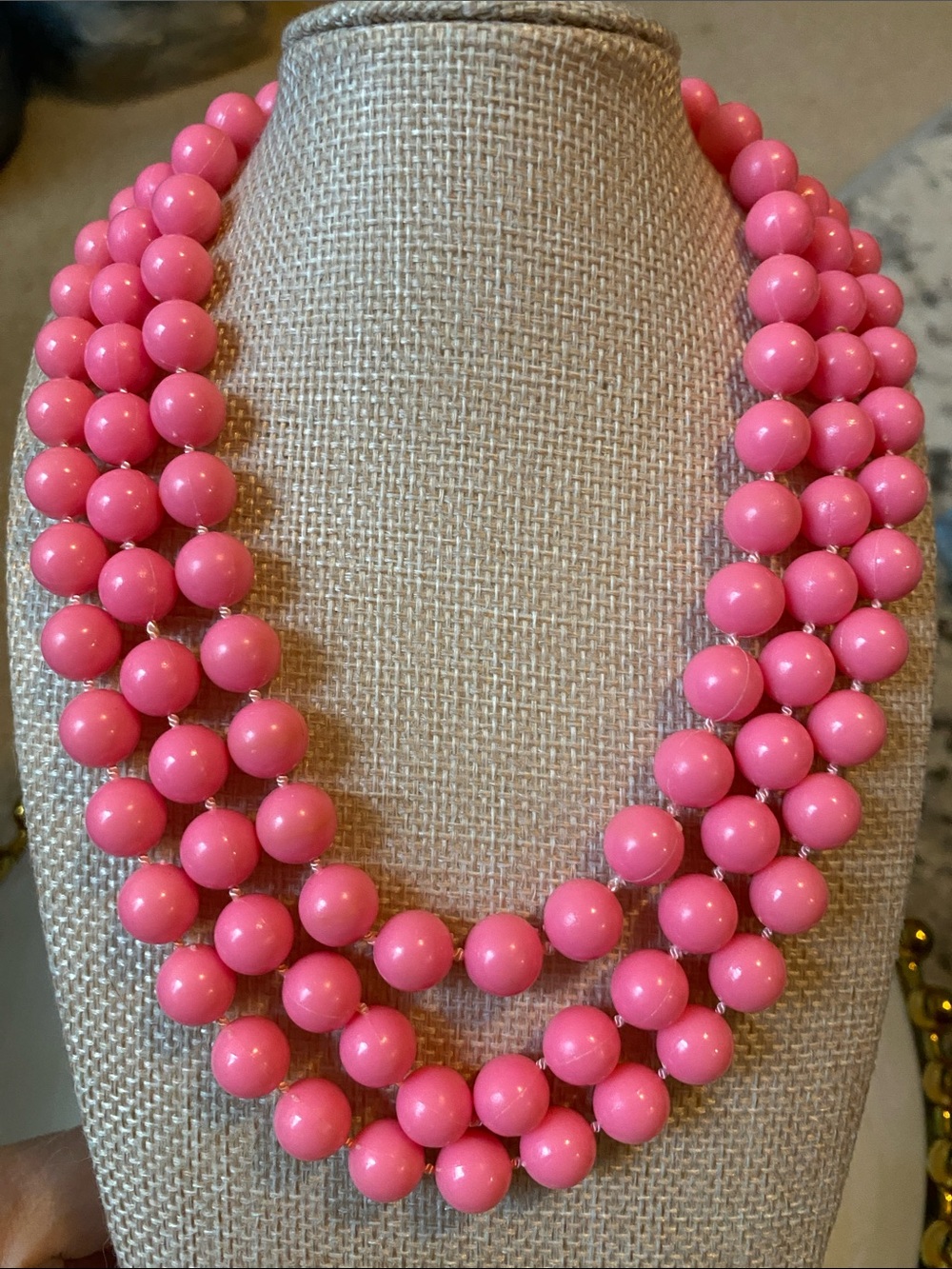 VTG Hong Kong Triple-Strand Bubblegum Pink Beaded Necklace